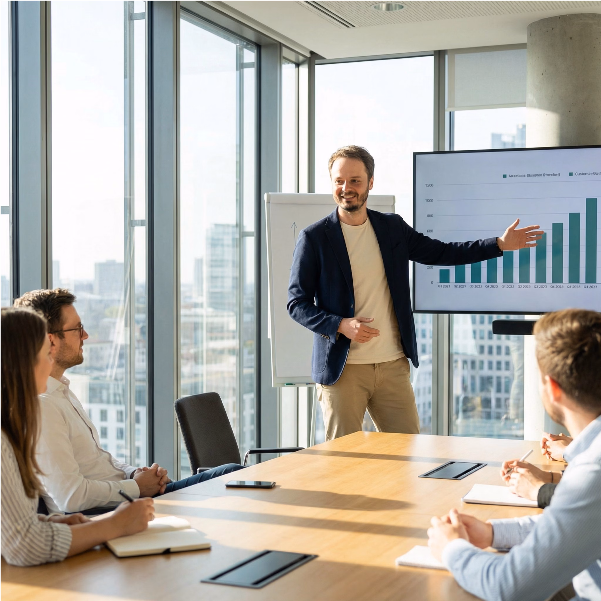 georg-schott-neuroselling-training A trainer in a training situation showing a rising graph symbolizing increased sales through neuroscientific sales principles